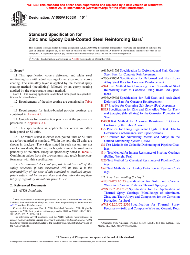 ASTM A1055/A1055M-10e1 - Standard Specification for Zinc and Epoxy Dual-Coated Steel Reinforcing Bars