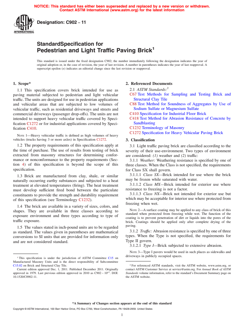 ASTM C902-11 - Standard Specification for Pedestrian and Light Traffic Paving Brick