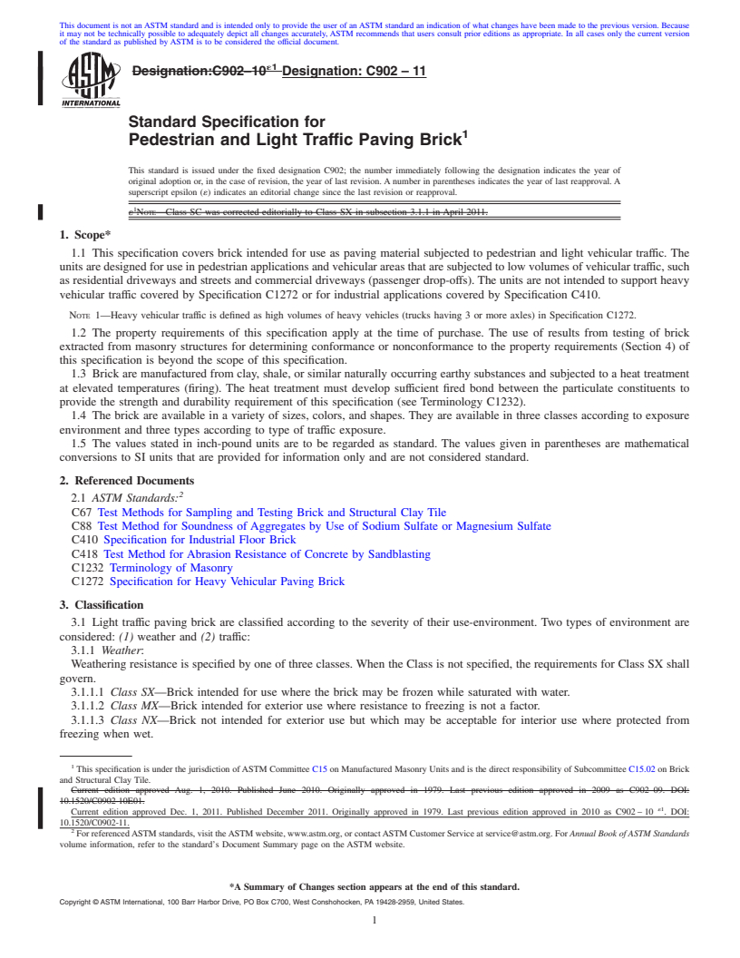 REDLINE ASTM C902-11 - Standard Specification for Pedestrian and Light Traffic Paving Brick