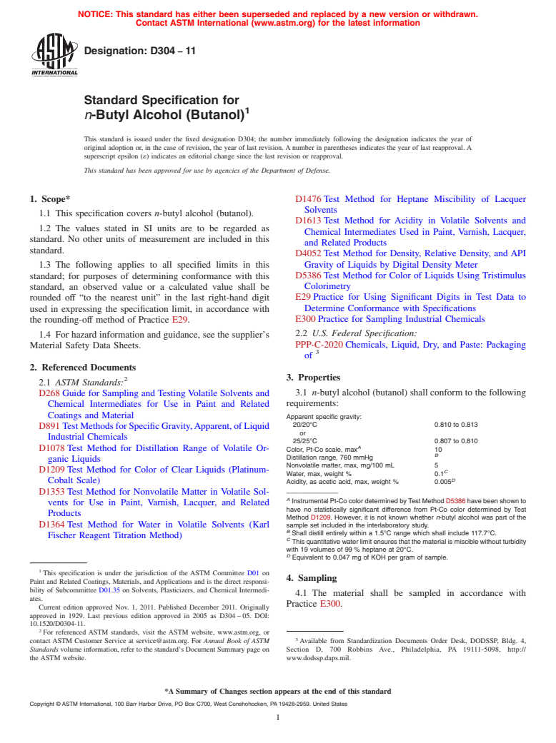 ASTM D304-11 - Standard Specification for  <span class="italic">n</span>-Butyl Alcohol (Butanol)