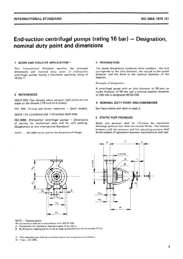 ISO 2858:1975 - End-suction centrifugal pumps (rating 16 bar) -- Designation, nominal duty point and dimensions