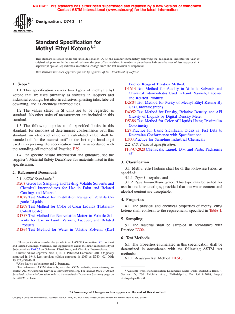 ASTM D740-11 - Standard Specification for Methyl Ethyl Ketone