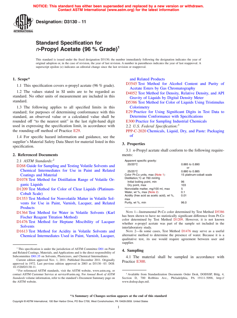 ASTM D3130-11 - Standard Specification for <i>n</i>-Propyl Acetate (96 % Grade)