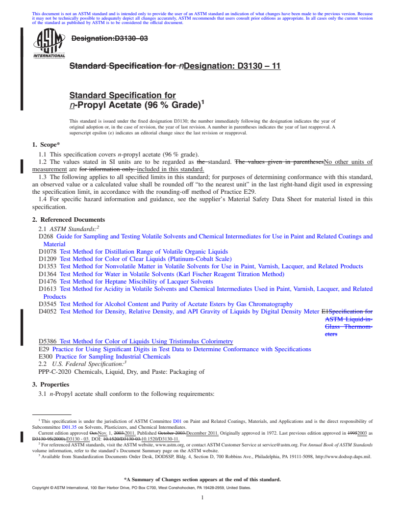 REDLINE ASTM D3130-11 - Standard Specification for <i>n</i>-Propyl Acetate (96 % Grade)