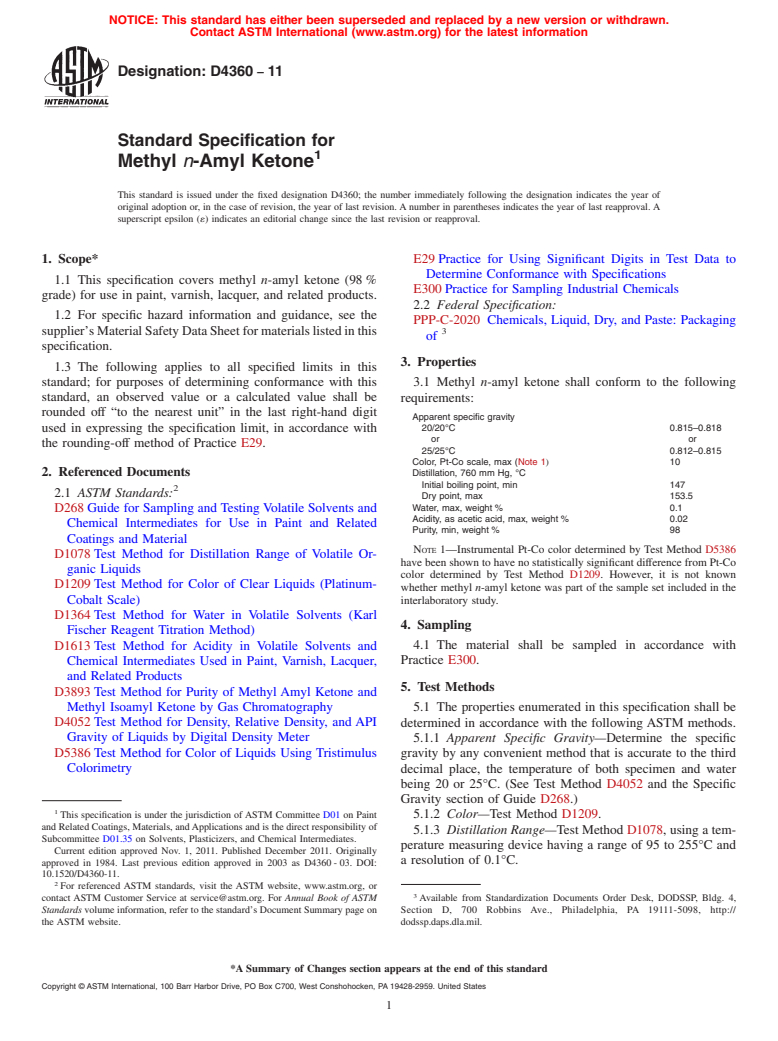ASTM D4360-11 - Standard Specification for Methyl <span class="italic">n</span>-Amyl Ketone