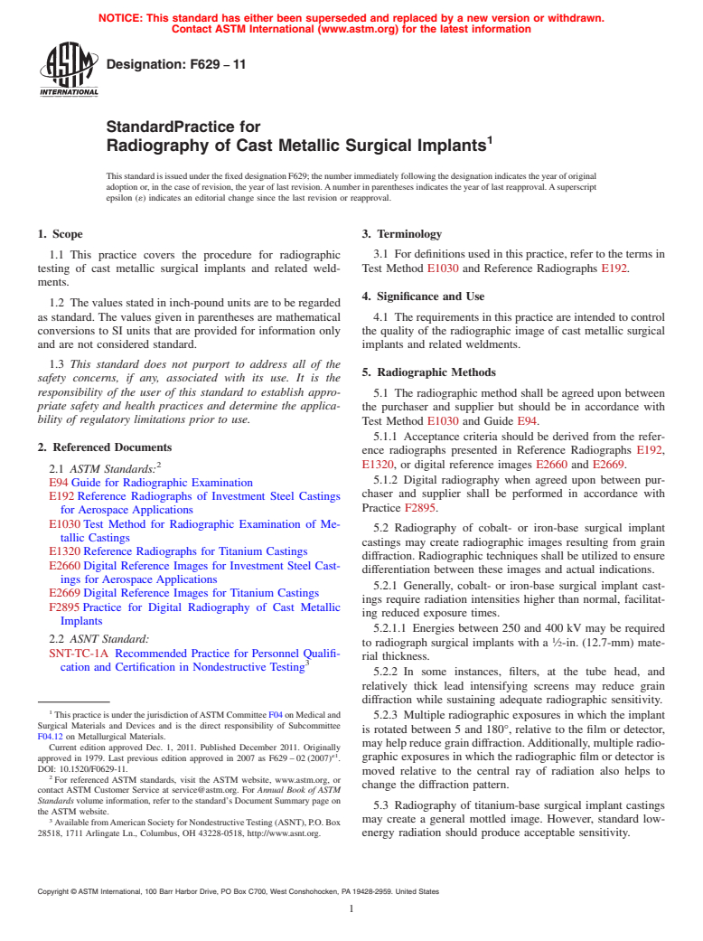 ASTM F629-11 - Standard Practice for  Radiography of Cast Metallic Surgical Implants
