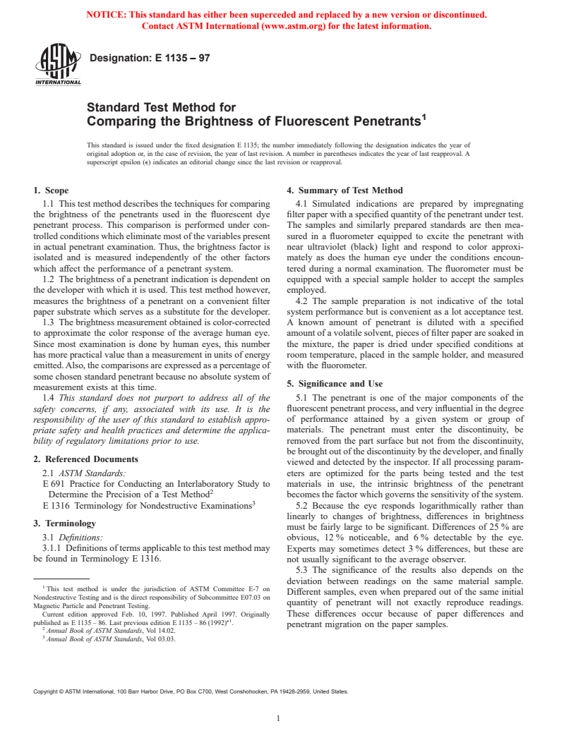 ASTM E1135-97 - Standard Test Method for Comparing the Brightness of Fluorescent Penetrants