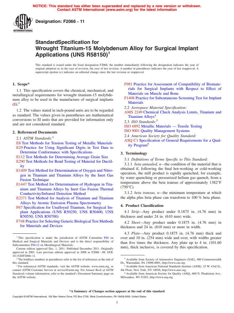 ASTM F2066-11 - Standard Specification for Wrought Titanium-15 Molybdenum Alloy for Surgical Implant Applications (UNS R58150)