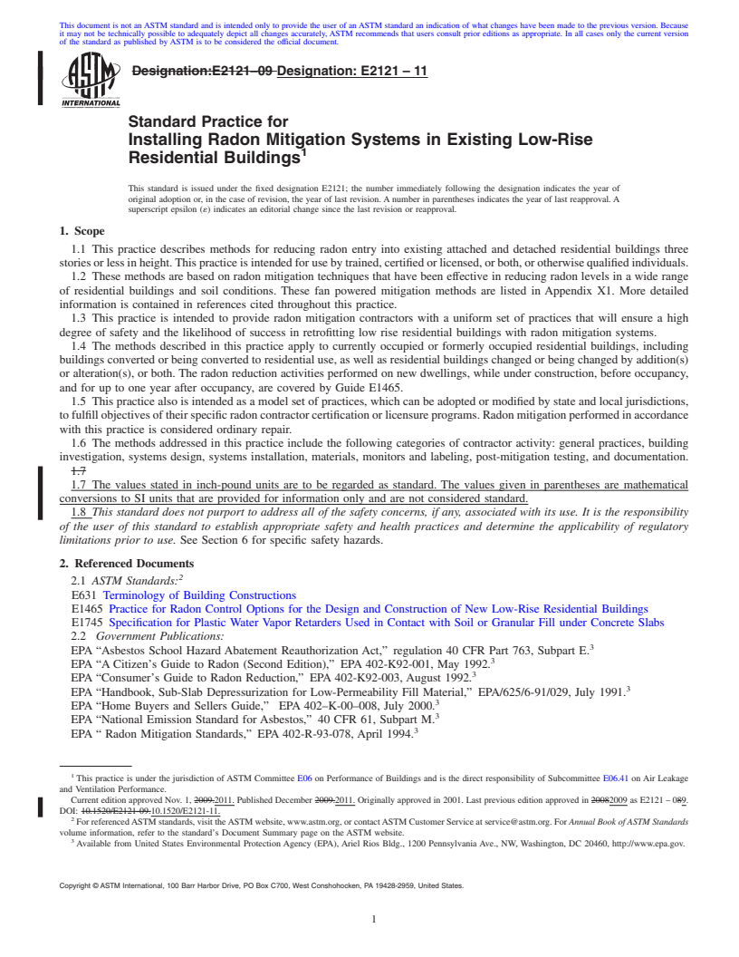 REDLINE ASTM E2121-11 - Standard Practice for Installing Radon Mitigation Systems in Existing Low-Rise Residential Buildings