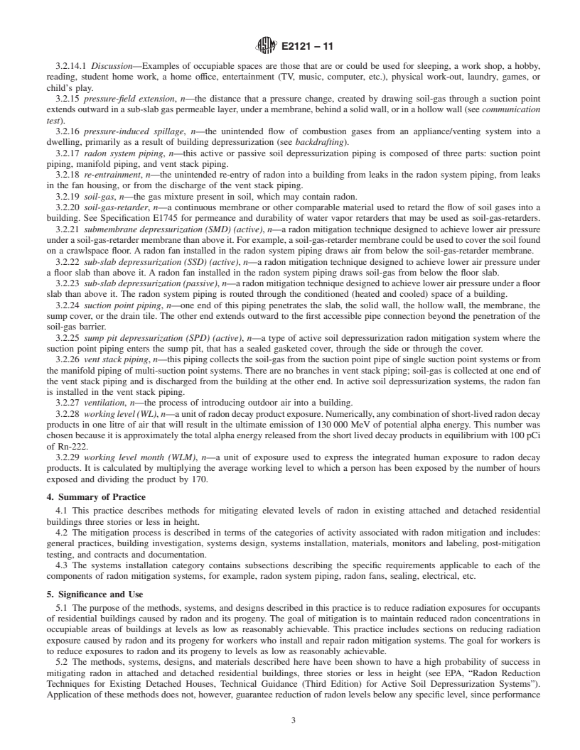 REDLINE ASTM E2121-11 - Standard Practice for Installing Radon Mitigation Systems in Existing Low-Rise Residential Buildings