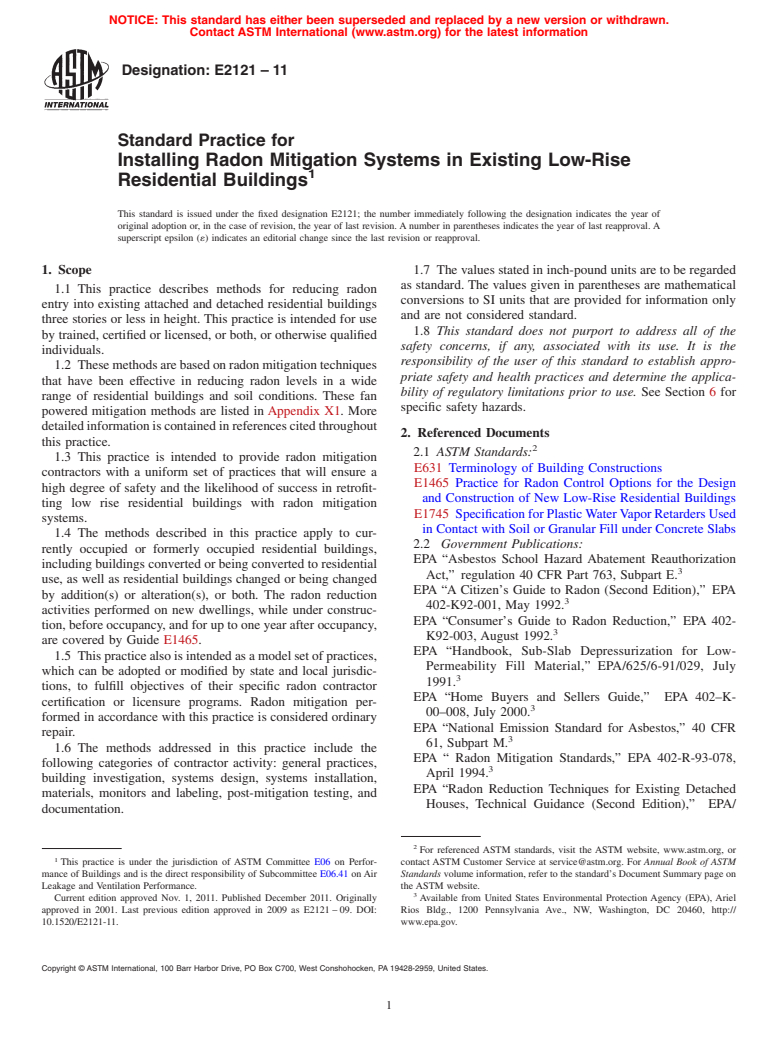 ASTM E2121-11 - Standard Practice for Installing Radon Mitigation Systems in Existing Low-Rise Residential Buildings