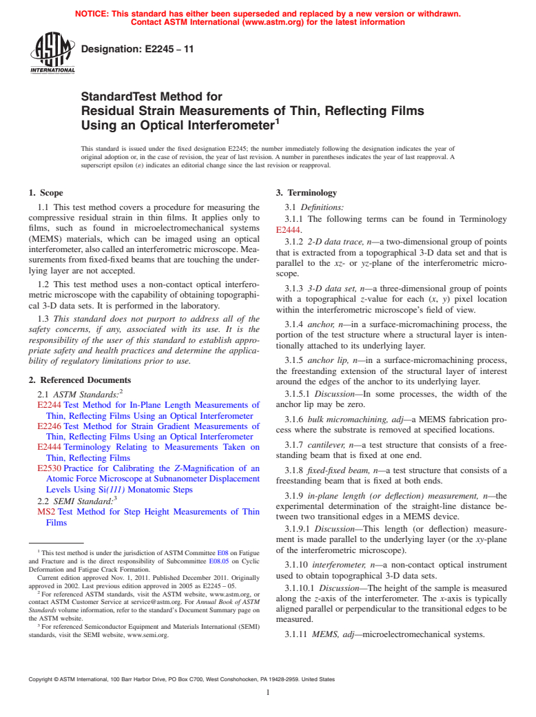 ASTM E2245-11 - Standard Test Method for Residual Strain Measurements of Thin, Reflecting Films Using an Optical Interferometer