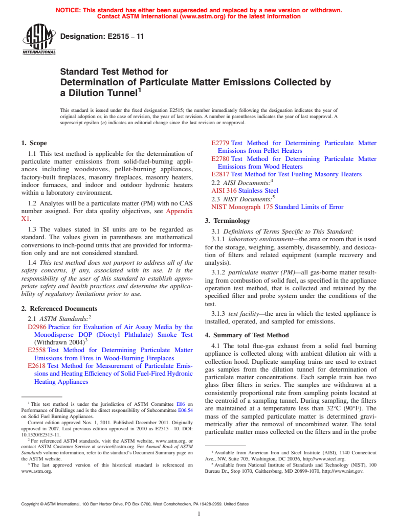 ASTM E2515-11 - Standard Test Method for Determination of Particulate Matter Emissions Collected by a Dilution Tunnel