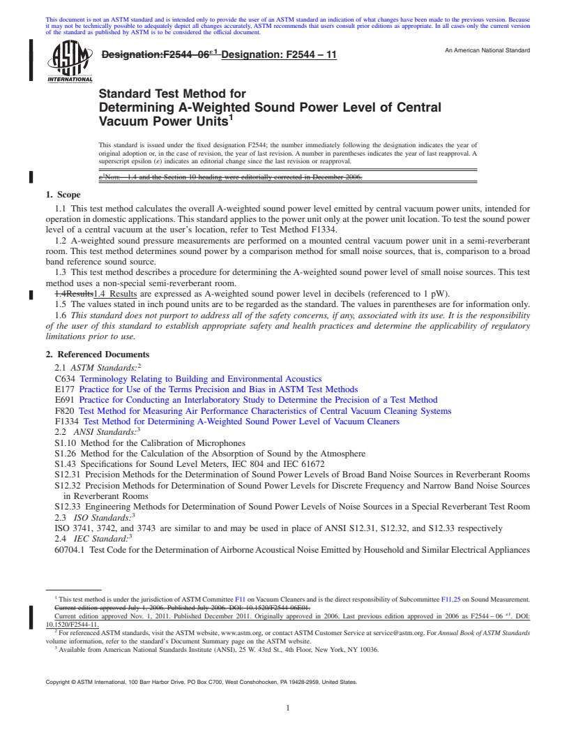 REDLINE ASTM F2544-11 - Standard Test Method for Determining A-Weighted Sound Power Level of Central Vacuum Power Units