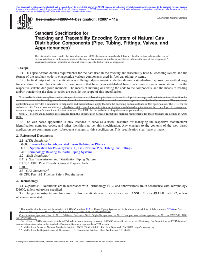 REDLINE ASTM F2897-11a - Standard Specification for Tracking and Traceability Encoding System of Natural Gas Distribution Components (Pipe, Tubing, Fittings, Valves, and Appurtenances)