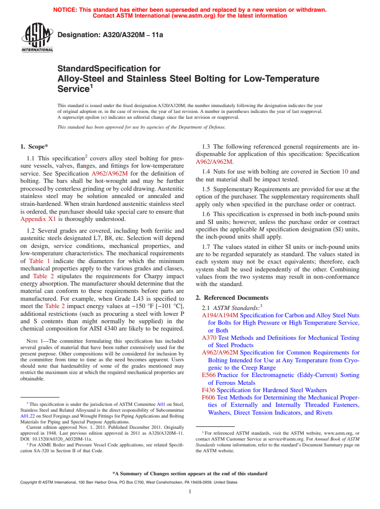 ASTM A320/A320M-11a - Standard Specification for  Alloy-Steel and Stainless Steel Bolting for Low-Temperature Service