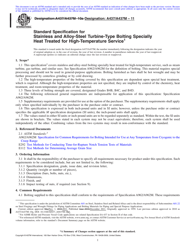 REDLINE ASTM A437/A437M-11 - Standard Specification for  Stainless and Alloy-Steel Turbine-Type Bolting Specially Heat Treated for High-Temperature Service