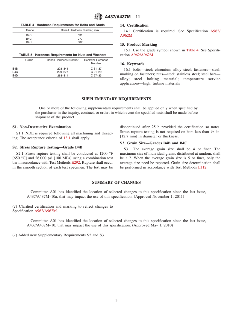 ASTM A437/A437M-11 - Standard Specification for  Stainless and Alloy-Steel Turbine-Type Bolting Specially Heat Treated for High-Temperature Service