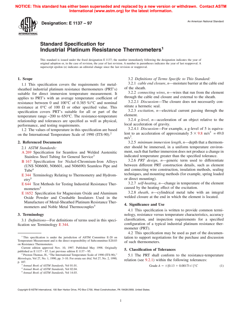 ASTM E1137-97 - Standard Specification for Industrial Platinum Resistance Thermometers