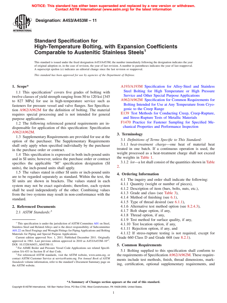 ASTM A453/A453M-11 - Standard Specification for  High-Temperature Bolting, with Expansion Coefficients Comparable to Austenitic Stainless Steels