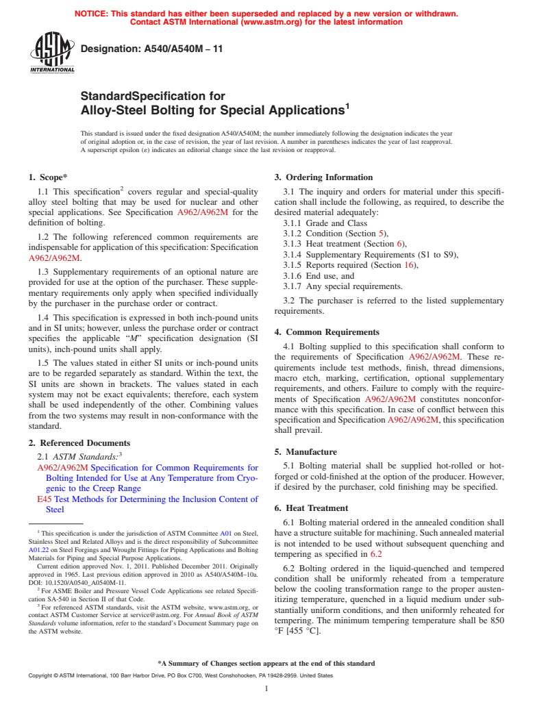 ASTM A540/A540M-11 - Standard Specification for  Alloy-Steel Bolting for Special Applications