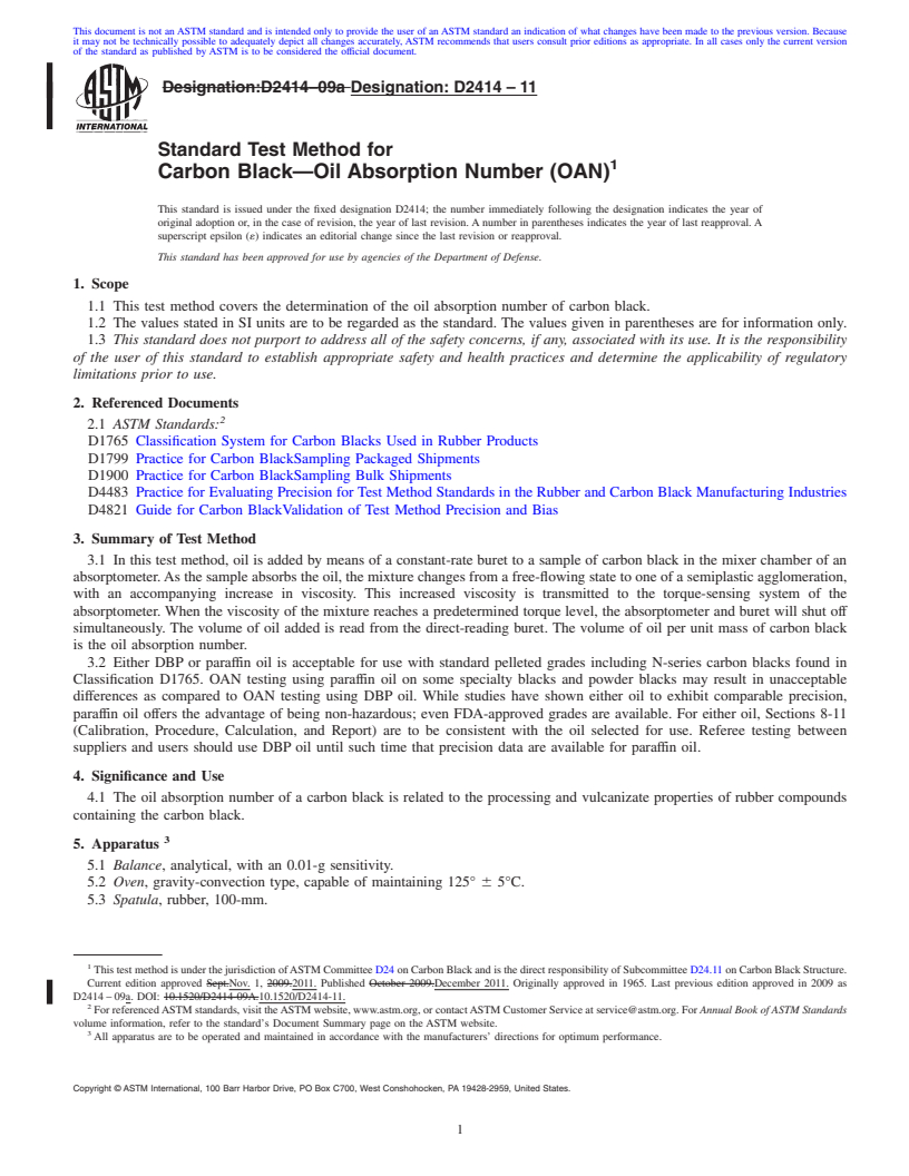 REDLINE ASTM D2414-11 - Standard Test Method for  Carbon Black<span class='unicode'>&#x2014;</span>Oil Absorption Number (OAN)