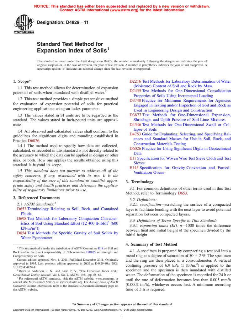 ASTM D4829-11 - Standard Test Method for Expansion Index of Soils