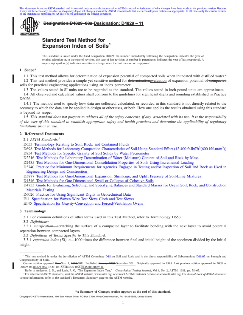 REDLINE ASTM D4829-11 - Standard Test Method for Expansion Index of Soils