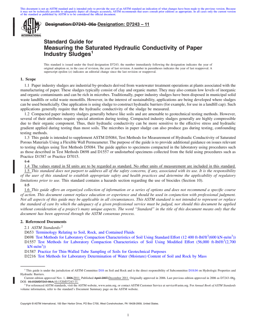 REDLINE ASTM D7243-11 - Standard Guide for Measuring the Saturated Hydraulic Conductivity of Paper Industry Sludges