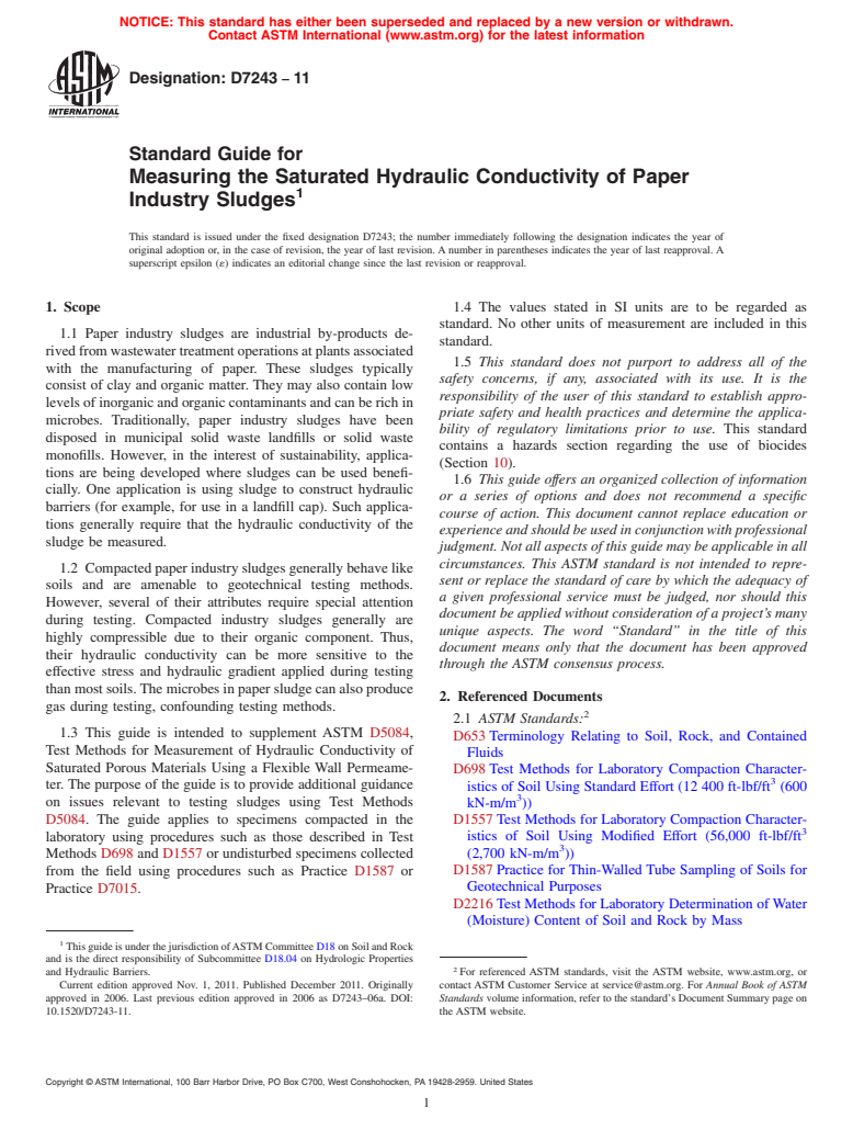 ASTM D7243-11 - Standard Guide for Measuring the Saturated Hydraulic Conductivity of Paper Industry Sludges