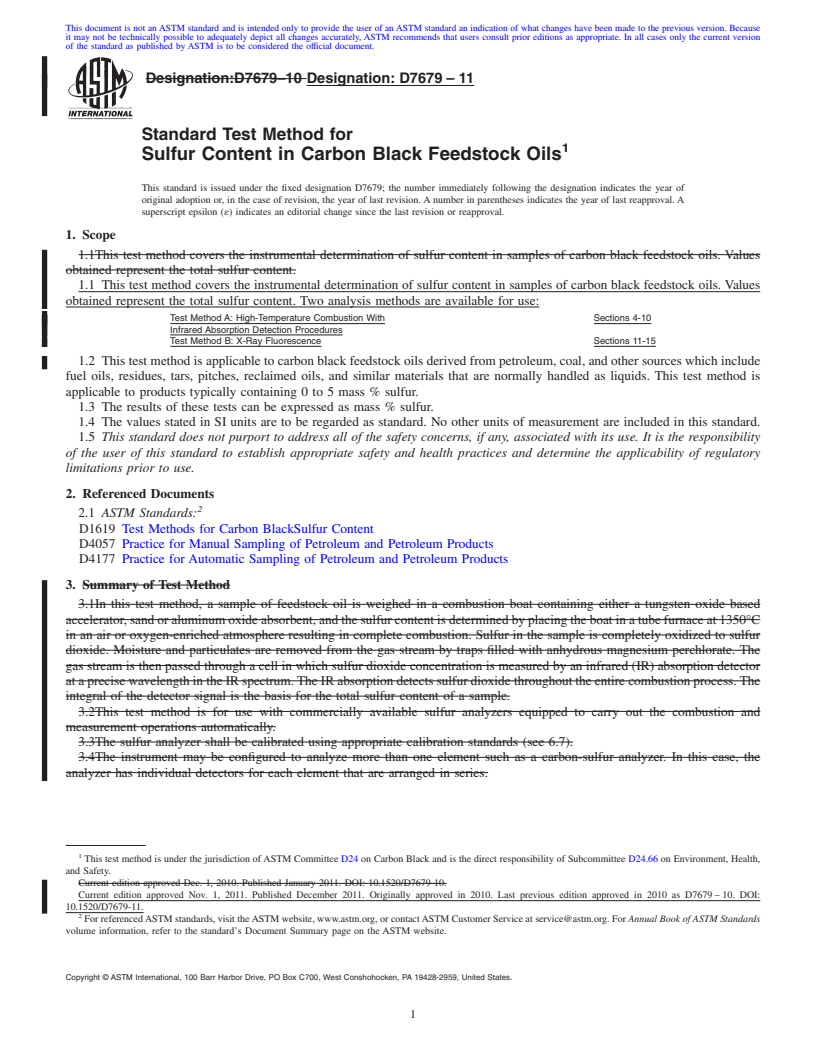 REDLINE ASTM D7679-11 - Standard Test Method for Sulfur Content in Carbon Black Feedstock Oils