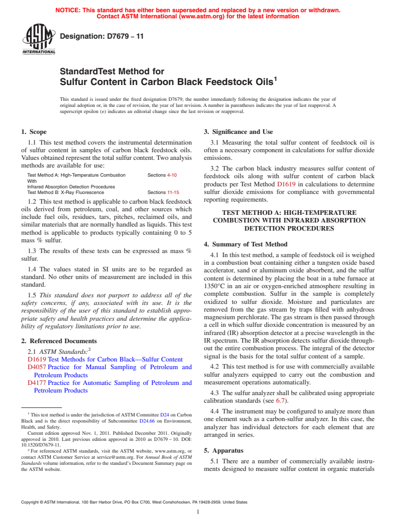 ASTM D7679-11 - Standard Test Method for Sulfur Content in Carbon Black Feedstock Oils