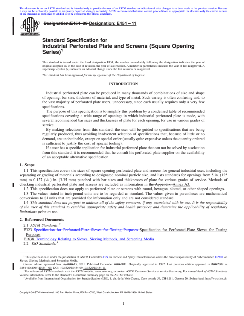 REDLINE ASTM E454-11 - Standard Specification for Industrial Perforated Plate and Screens (Square Opening Series)