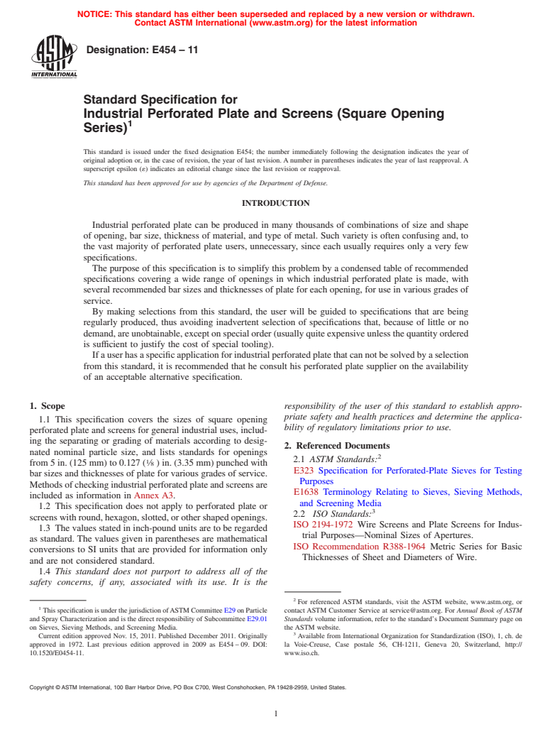 ASTM E454-11 - Standard Specification for Industrial Perforated Plate and Screens (Square Opening Series)