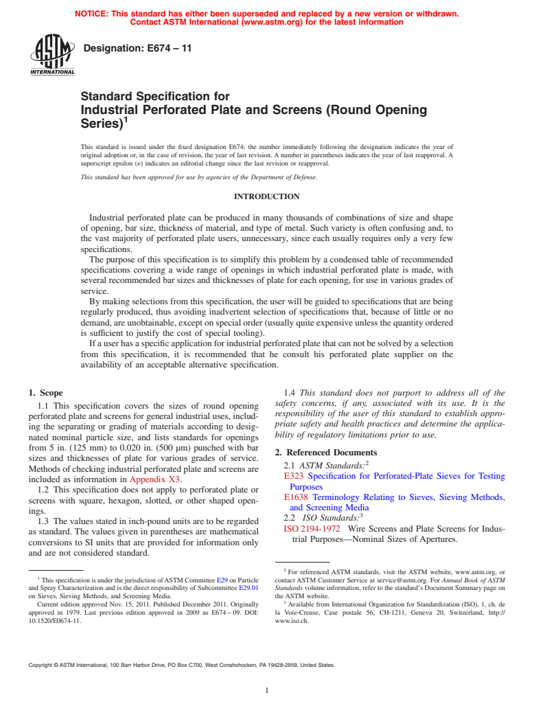 ASTM E674-11 - Standard Specification for Industrial Perforated Plate and Screens (Round Opening Series)