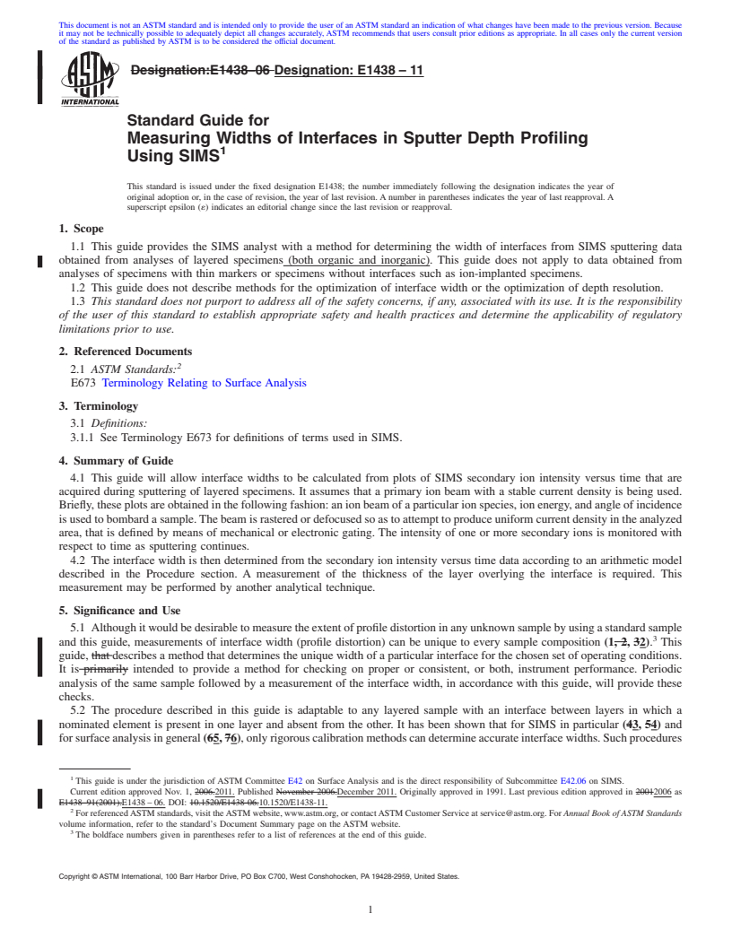REDLINE ASTM E1438-11 - Standard Guide for Measuring Widths of Interfaces in Sputter Depth Profiling Using SIMS