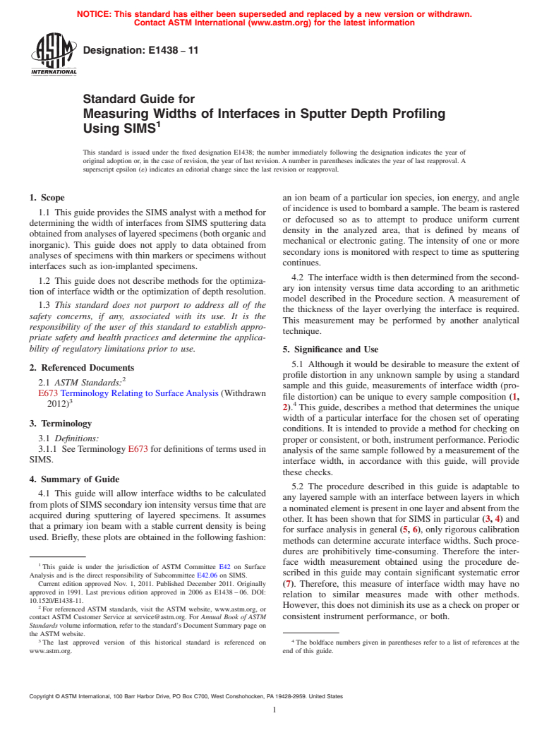 ASTM E1438-11 - Standard Guide for Measuring Widths of Interfaces in Sputter Depth Profiling Using SIMS