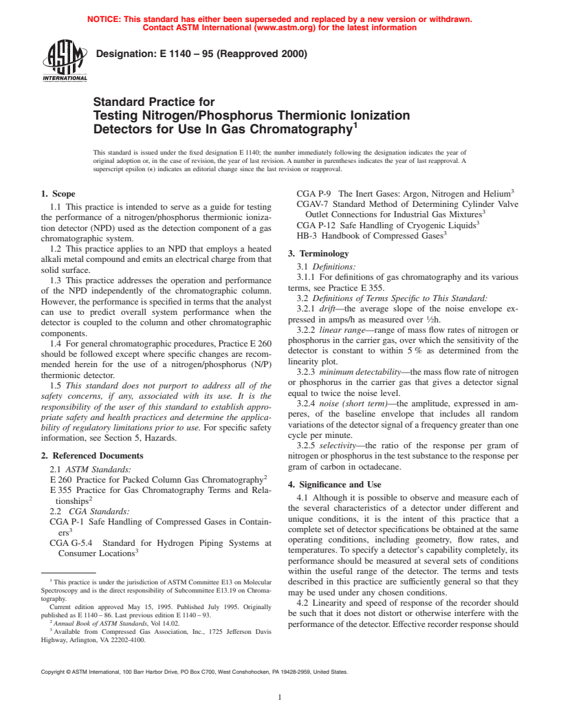 ASTM E1140-95(2000) - Standard Practice for Testing Nitrogen/Phosphorus Thermionic Ionization Detectors for Use In Gas Chromatography