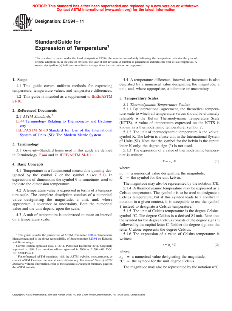 ASTM E1594-11 - Standard Guide for Expression of Temperature