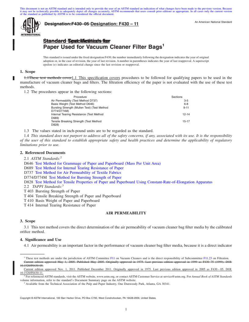 REDLINE ASTM F430-11 - Standard Specification for  Paper Used for Vacuum Cleaner Filter Bags