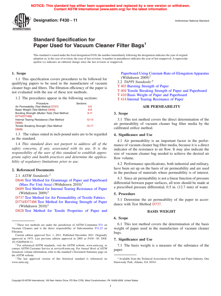 ASTM F430-11 - Standard Specification for  Paper Used for Vacuum Cleaner Filter Bags