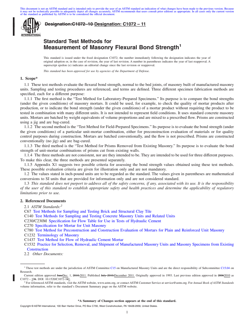REDLINE ASTM C1072-11 - Standard Test Methods for Measurement of Masonry Flexural Bond Strength