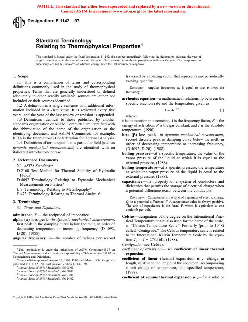 ASTM E1142-97 - Standard Terminology Relating to Thermophysical Properties