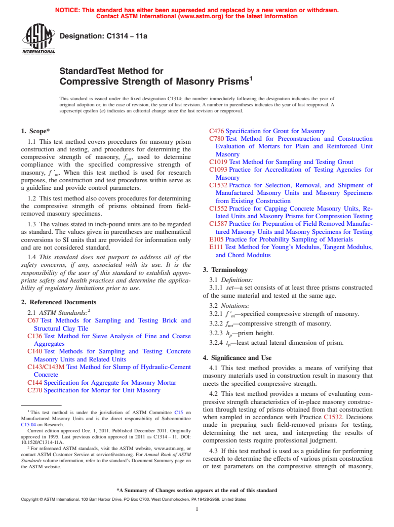 ASTM C1314-11a - Standard Test Method for  Compressive Strength of Masonry Prisms