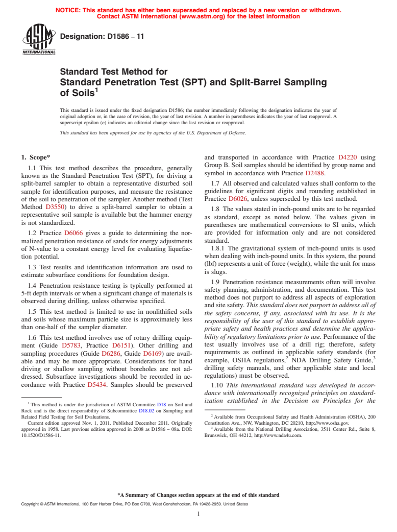 ASTM D1586-11 - Standard Test Method for  Standard Penetration Test (SPT) and Split-Barrel Sampling of Soils