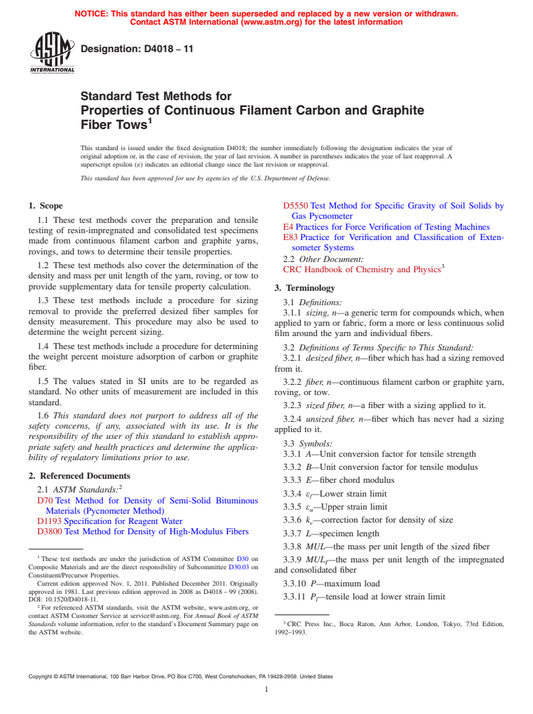 ASTM D4018-11 - Standard Test Methods for Properties of Continuous Filament Carbon and Graphite Fiber Tows