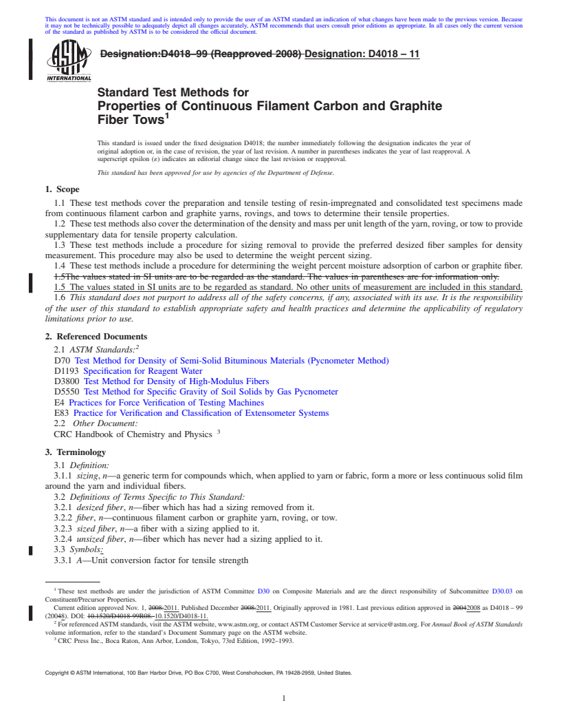 REDLINE ASTM D4018-11 - Standard Test Methods for Properties of Continuous Filament Carbon and Graphite Fiber Tows