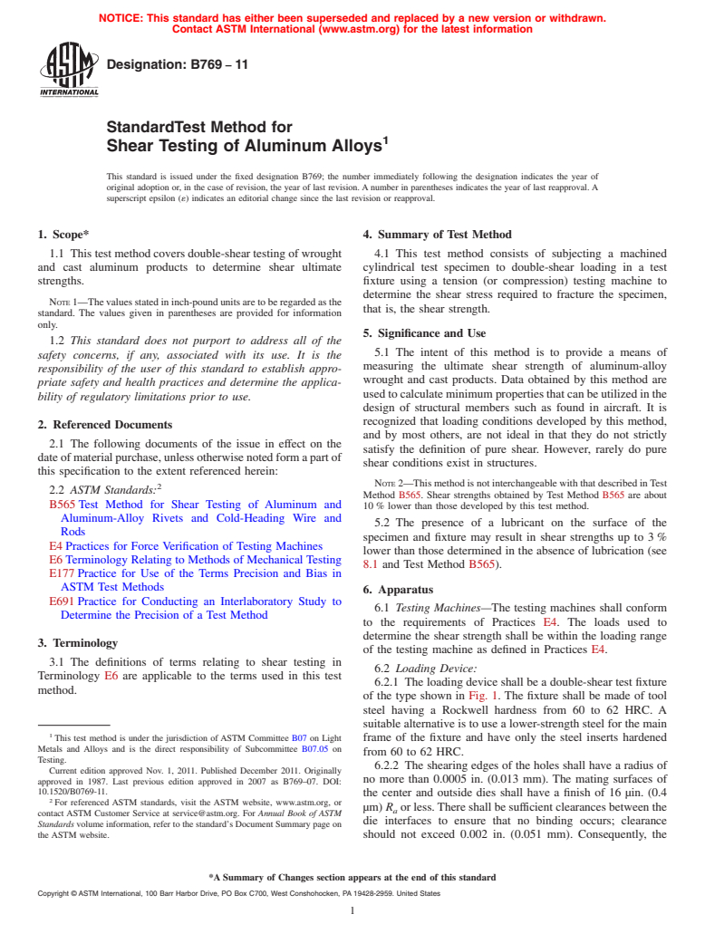 ASTM B769-11 - Standard Test Method for Shear Testing of Aluminum Alloys