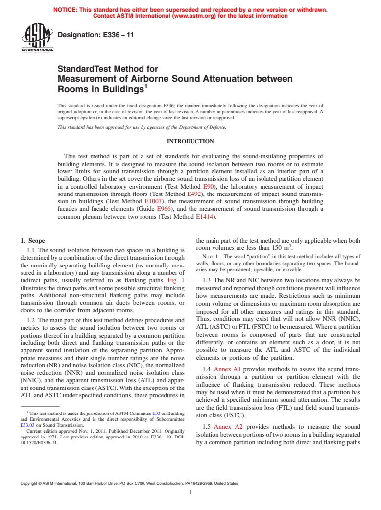ASTM E336-11 - Standard Test Method for  Measurement of Airborne Sound Attenuation between Rooms in Buildings