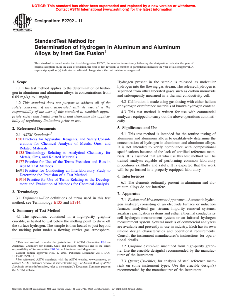ASTM E2792-11 - Standard Test Method for Determination of Hydrogen in Aluminum and Aluminum Alloys by Inert Gas Fusion